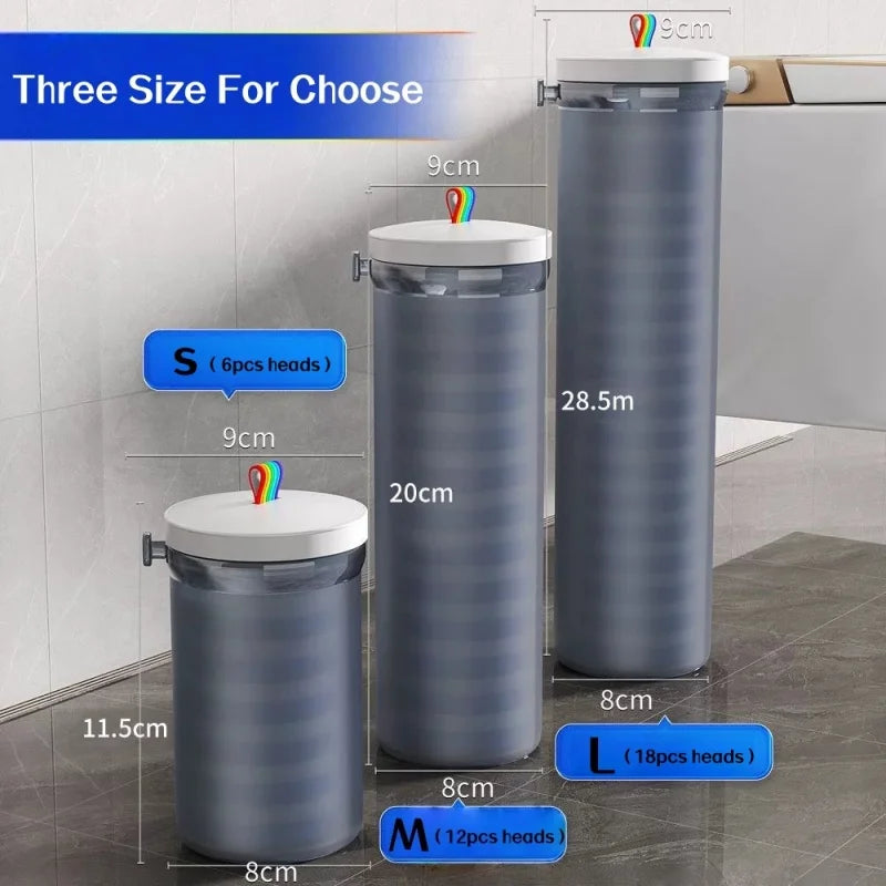 Three sizes of disposable toilet brush kits with wall-mounted holders shown in a row.