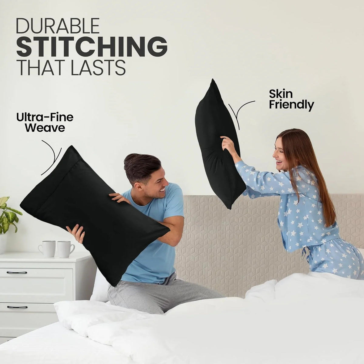 A woman is shown using a black pillowcase with envelope closure on a bed, demonstrating durable stitching and skin-friendly f