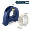 A blue professional masking tape applicator tool with a roll of white painter's tape.