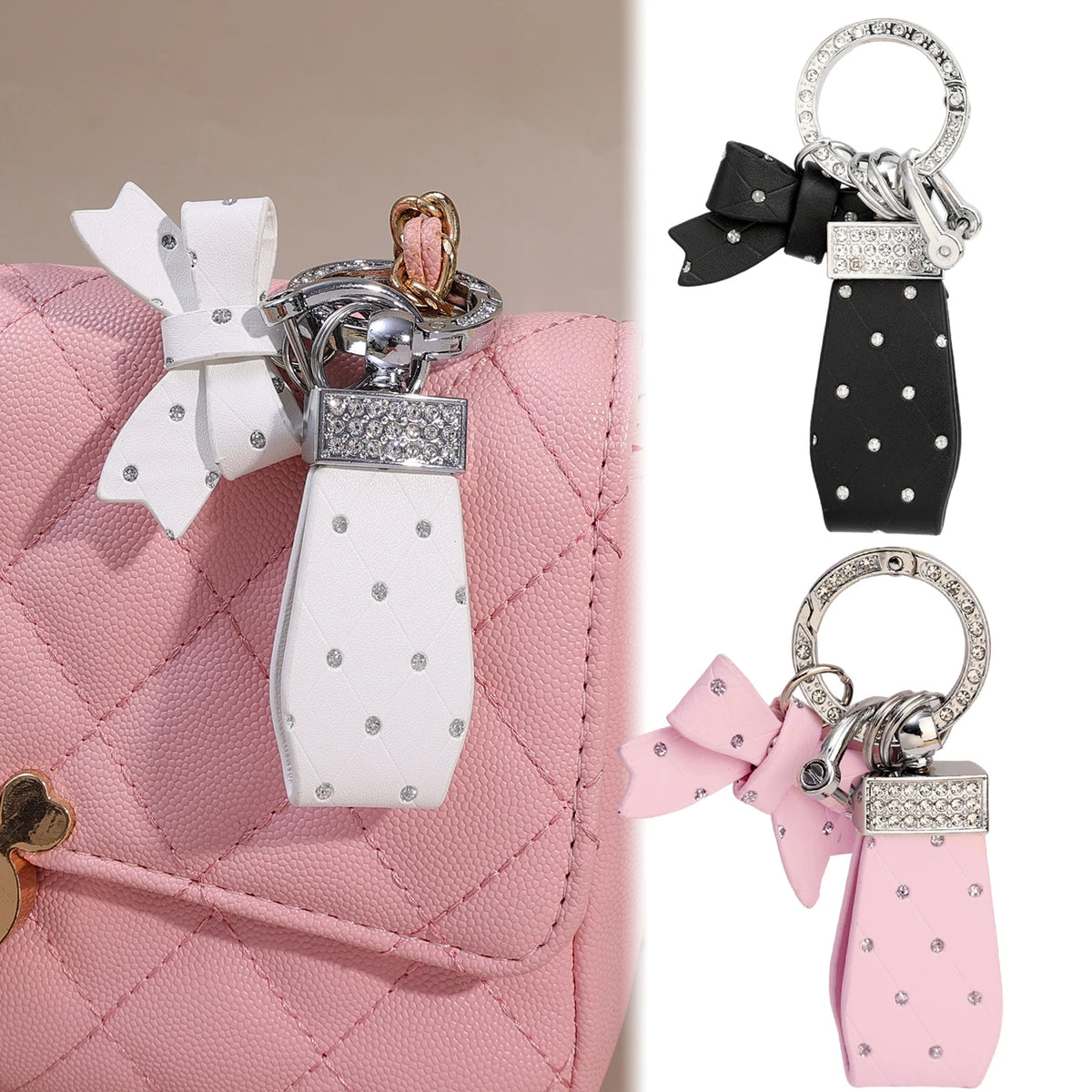 Pink quilted PU leather handbag with a white and silver bow keychain attached.