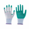 Pair of teal and white nitrile-coated nylon work gloves with extended fingers