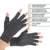 A close-up of a gray compression arthritis glove being worn on a hand, highlighting features for mobility and pain relief.