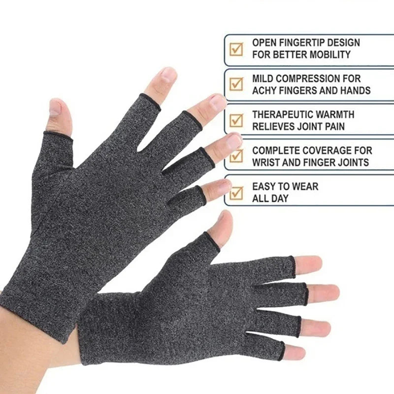 A close-up of a gray compression arthritis glove being worn on a hand, highlighting features for mobility and pain relief.