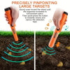 An orange handheld metal detector is shown scanning a large target in the soil, demonstrating its pinpointing feature.