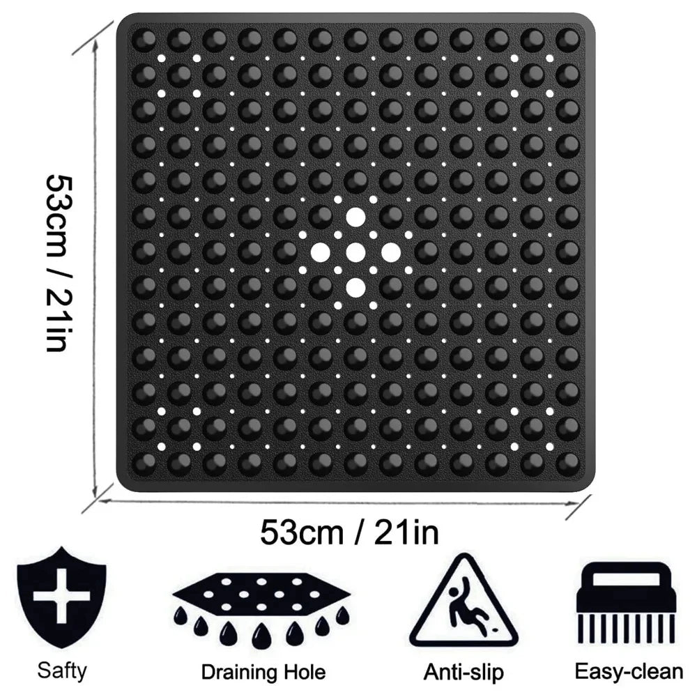 Black non-slip shower mat with suction cups for bathtub and bathroom floor