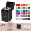 A gift set of 36 alcohol markers in various colors and a storage bag with a color chart.