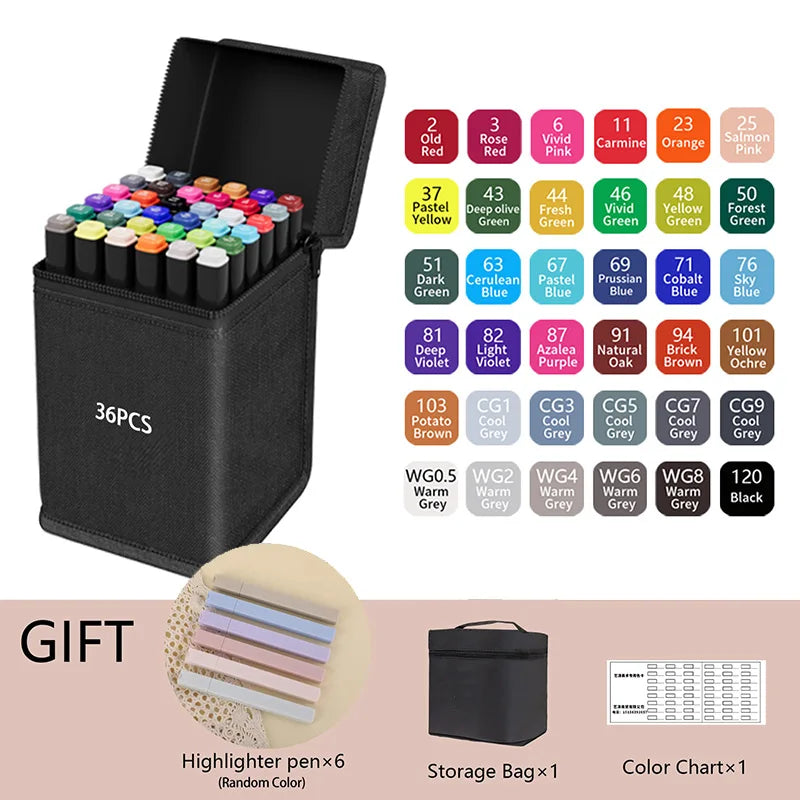 A gift set of 36 alcohol markers in various colors and a storage bag with a color chart.