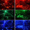 Four panels showing an RGB LED disco ball light illuminating a room with various colors like red, green, and blue.