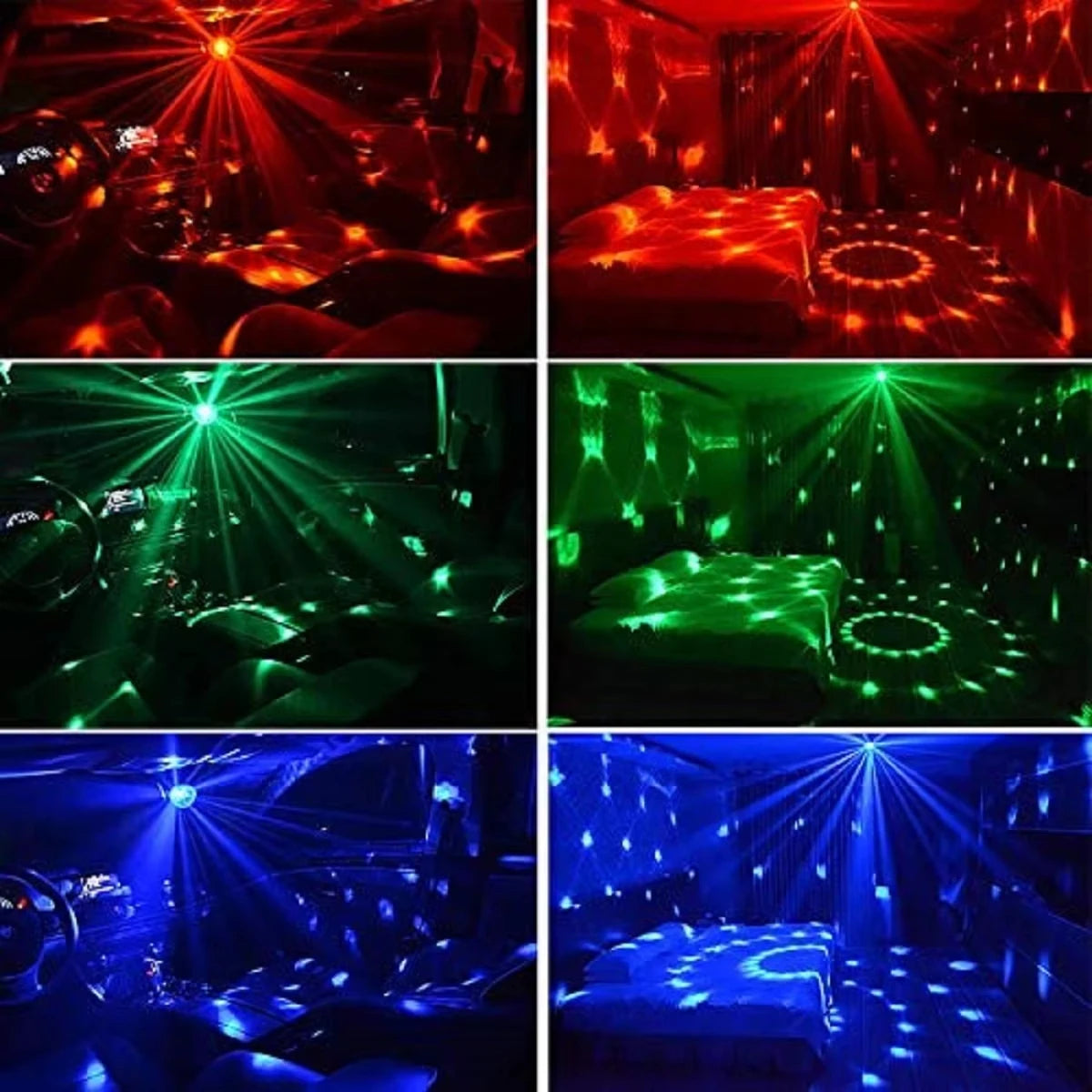 Four panels showing an RGB LED disco ball light illuminating a room with various colors like red, green, and blue.