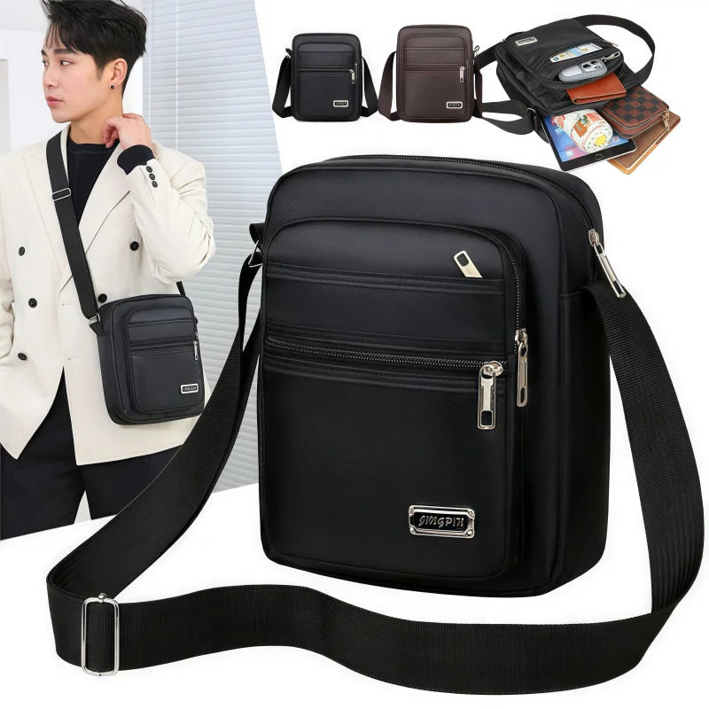 Black water-resistant multi-pocket crossbody chest bag with adjustable strap and multiple compartments