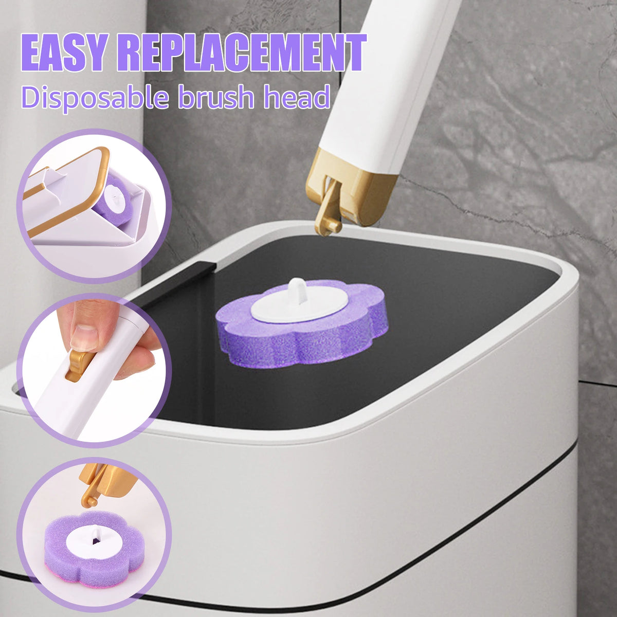Close-up view of a disposable brush head being easily replaced on a wall-mounted toilet brush kit.