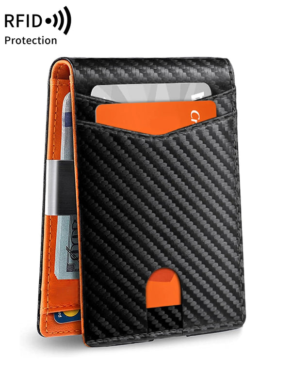 A black textured wallet with an orange accent, showing a card slot and a pen holder.