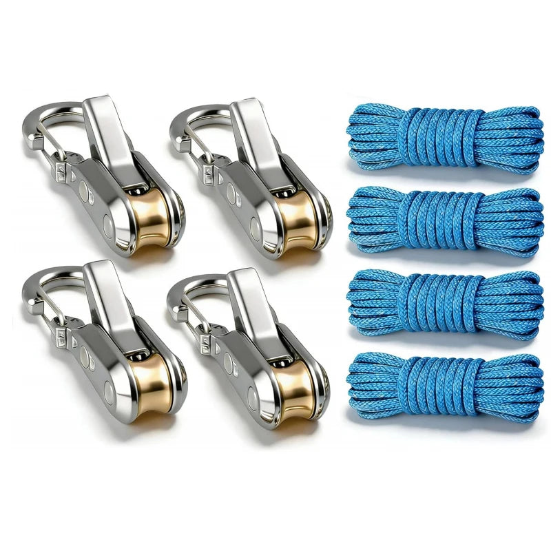 A set of heavy-duty rope tensioners and tying tools with silver and gold-colored metal clasps and blue synthetic ropes.