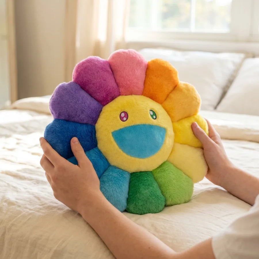 Hands holding a cheerful sunflower plush cushion with a smiling face on a bed.