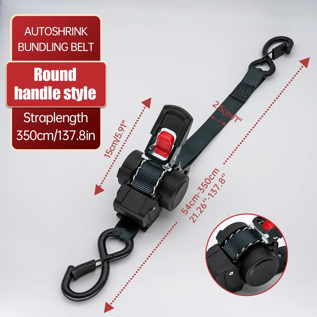 Black autoshink bundling belt with round handle style and adjustable strap length.