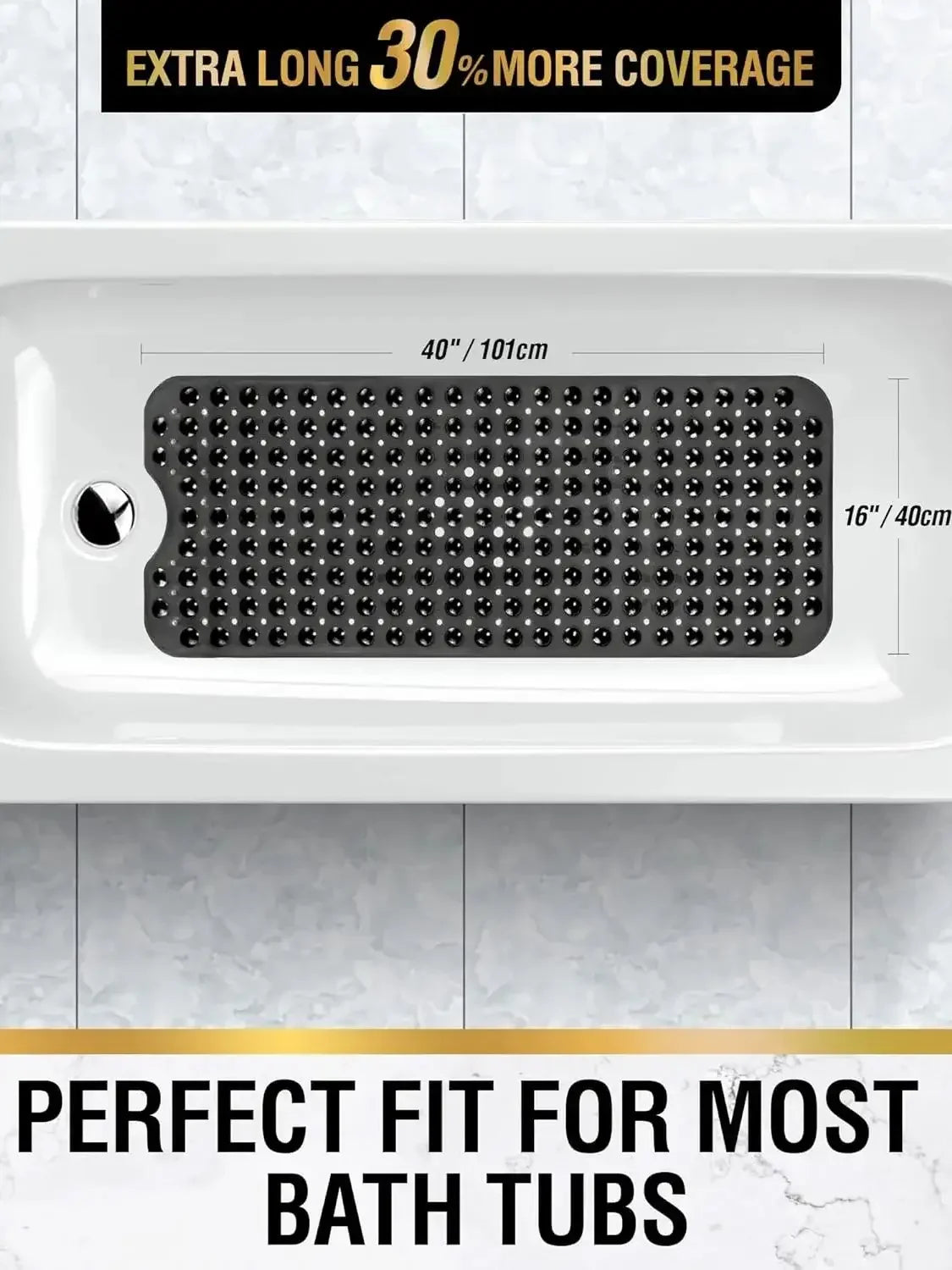 Extra Long Non-Slip Bathtub Mat with Suction Cups & Drain Holes