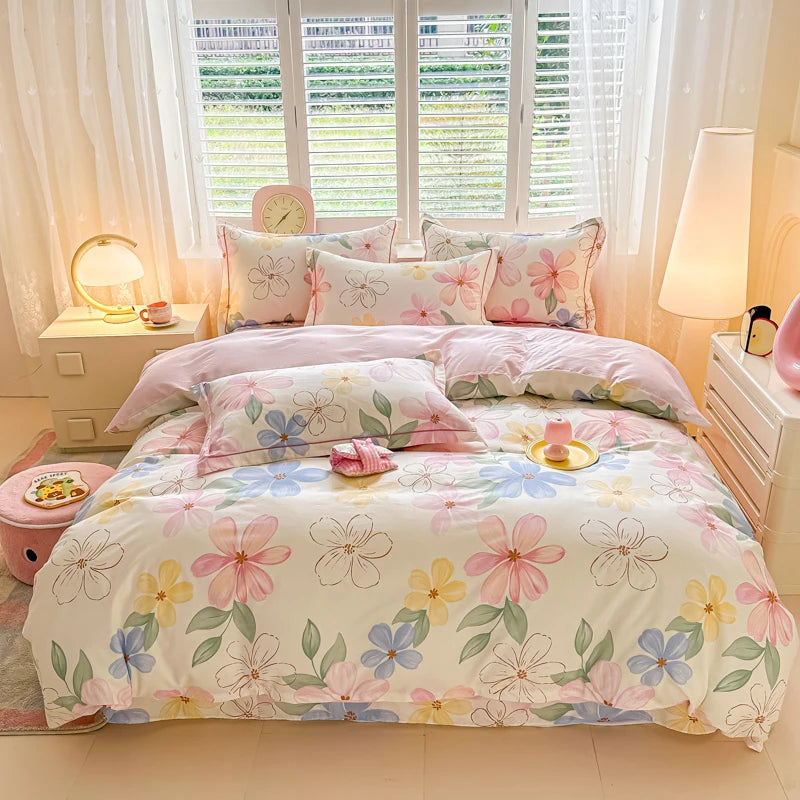 Rosa und weiße Blumen-Duvetcover mit lavendel-, gelben und blauen Blumen auf einem Bett.