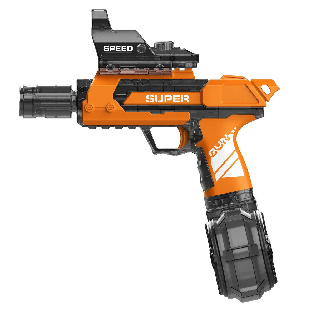 Orange and black electric water blaster with a realistic muzzle flame effect.