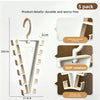 A white vertical space-saving closet organizer with 12 hooks and a hanging hook, demonstrating its durable and worry-free fea