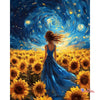 A woman with flowing hair stands in a field of sunflowers against a vibrant blue and yellow starry night sky.