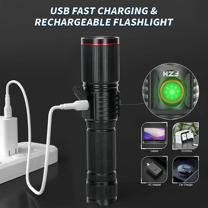 Lampe de Poche LED Zoom 30W Rechargeable par USB