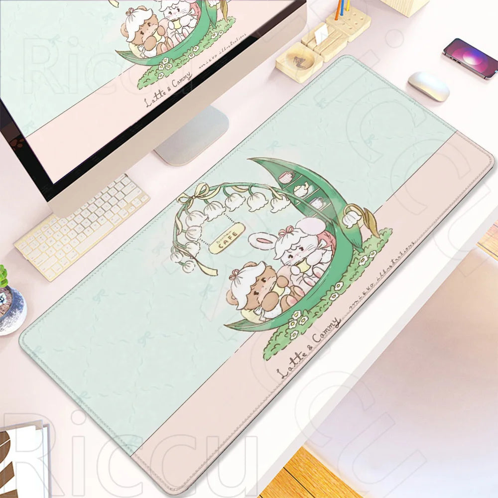 A pastel green and pink cartoon themed gaming desk mat featuring cute animals and a cafe design.
