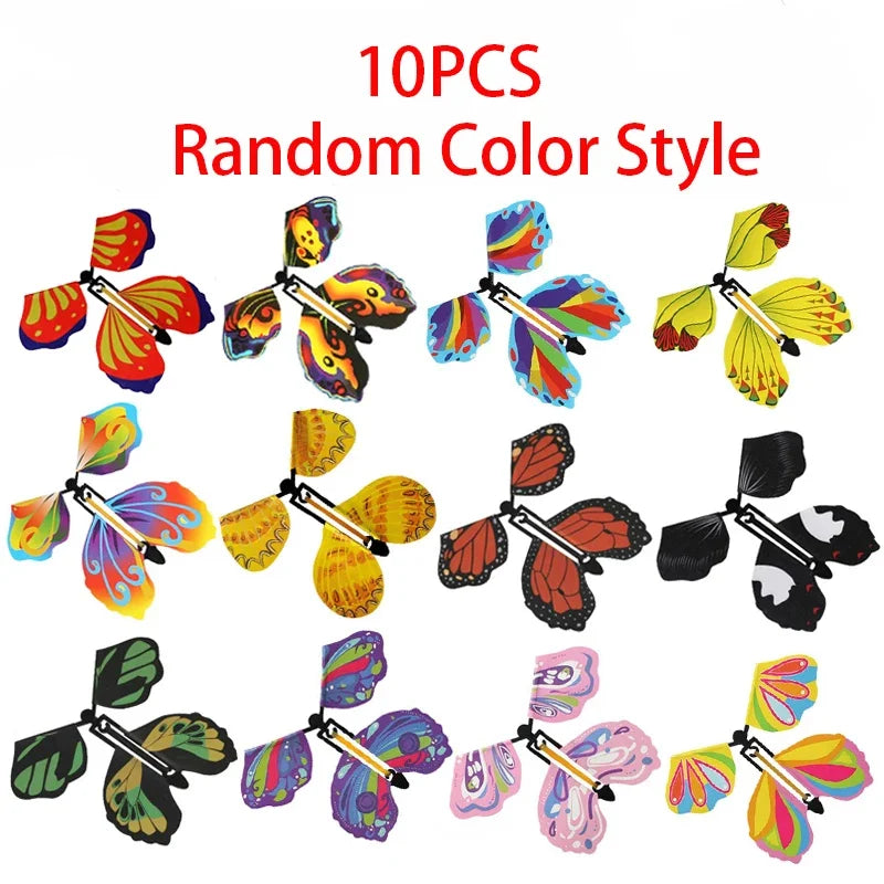 A set of 10 random color style magic flying butterfly wind-up toys.