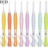 An array of eight ergonomic crochet hooks in various colors and sizes ranging from 2.5mm to 6mm.