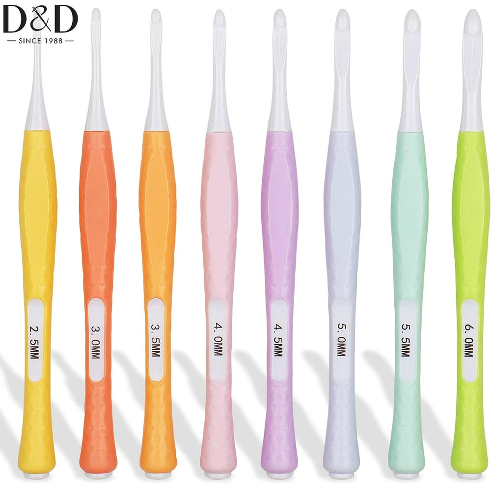An array of eight ergonomic crochet hooks in various colors and sizes ranging from 2.5mm to 6mm.