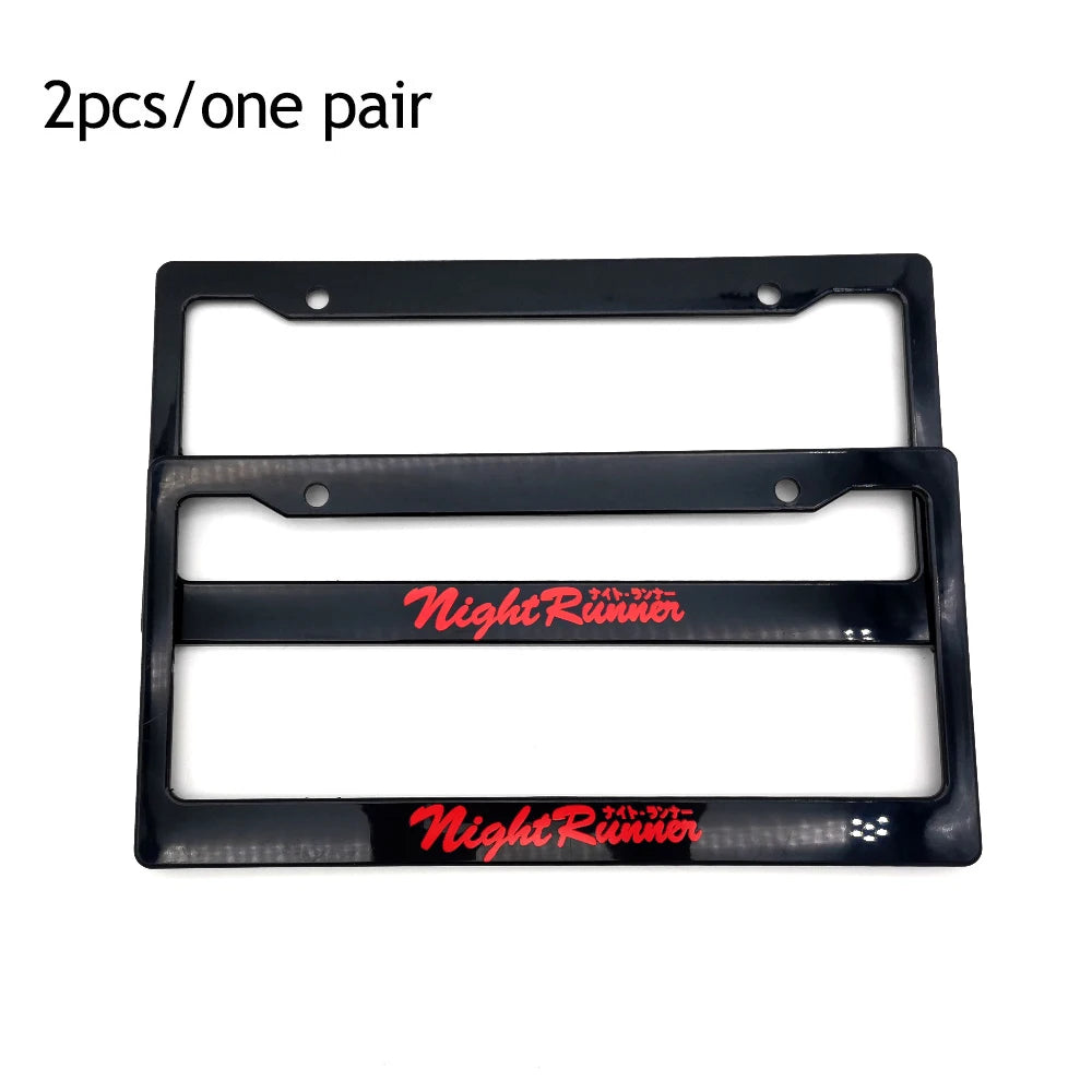 A pair of black racing style license plate frames with a Night Runner theme.