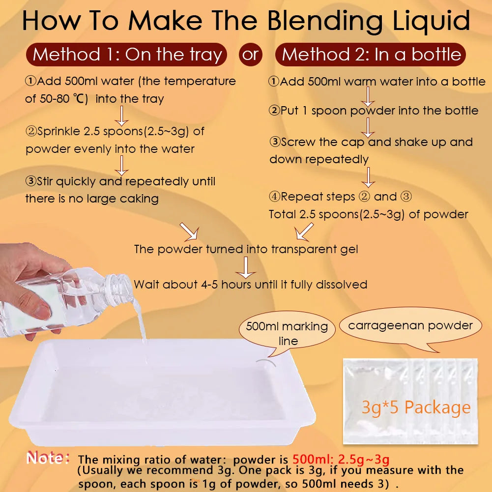 Instructions for making blending liquid using powder and water on a tray or in a bottle