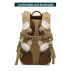 A tan tactical backpack with a woven strap and mesh back panel, designed for comfortable and breathable wear.