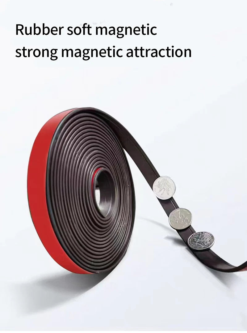 A roll of rubber magnetic tape used for strong magnetic attraction, shown in red and black.