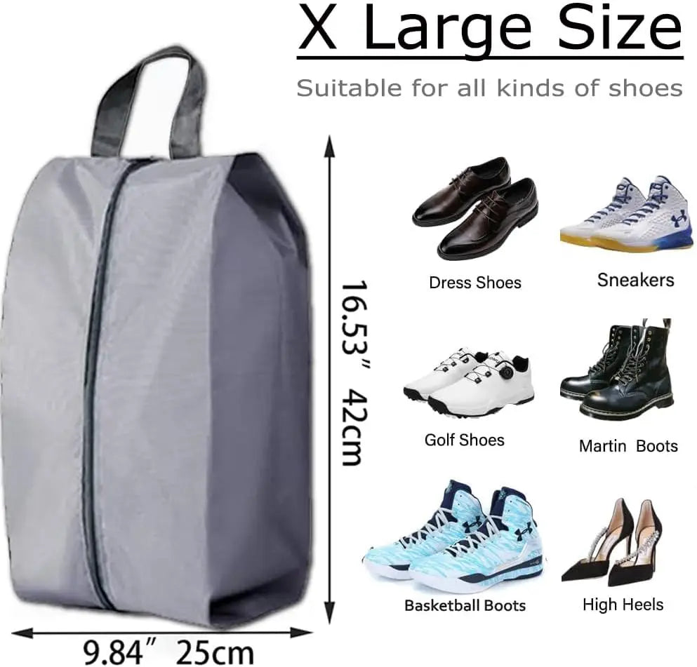 A large gray foldable nylon shoe storage bag suitable for various types of shoes including dress shoes, sneakers, golf shoes,