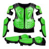 Kids motocross body armor set featuring a black and lime green vest with separate elbow and knee pads