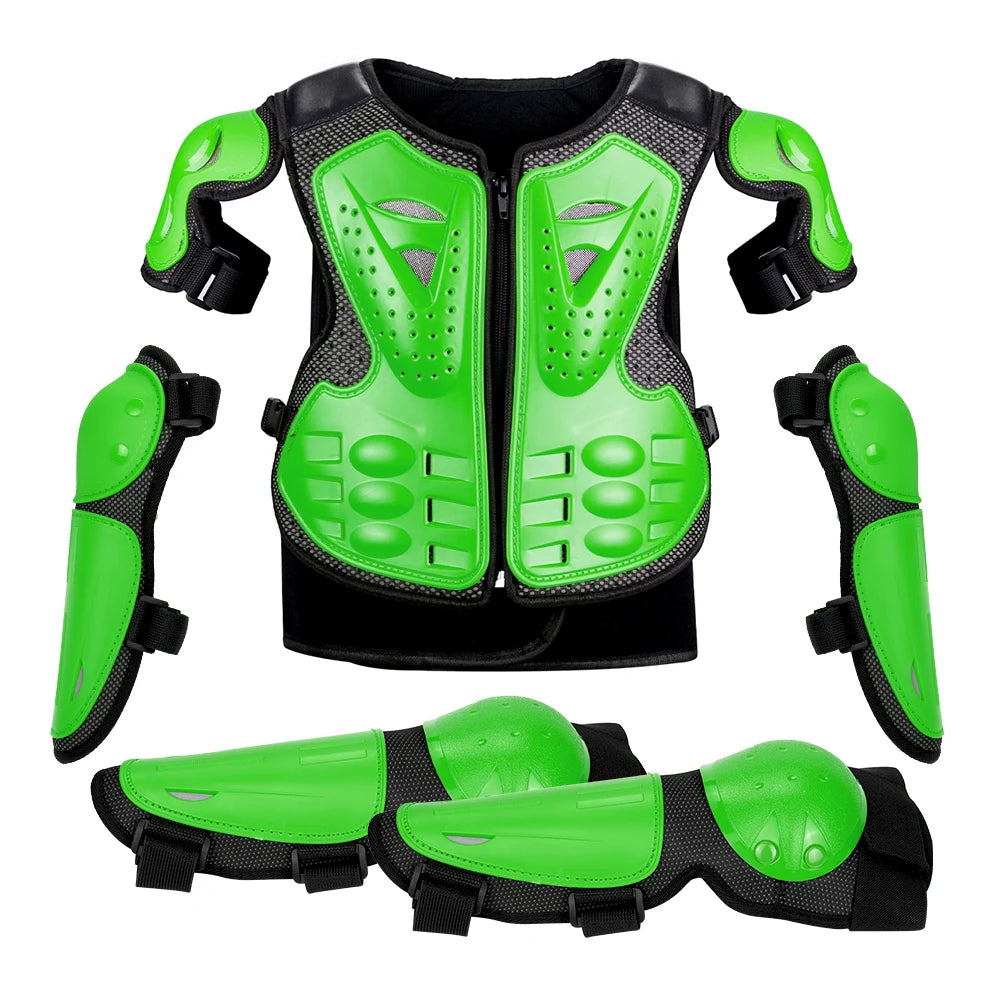Kids motocross body armor set featuring a black and lime green vest with separate elbow and knee pads
