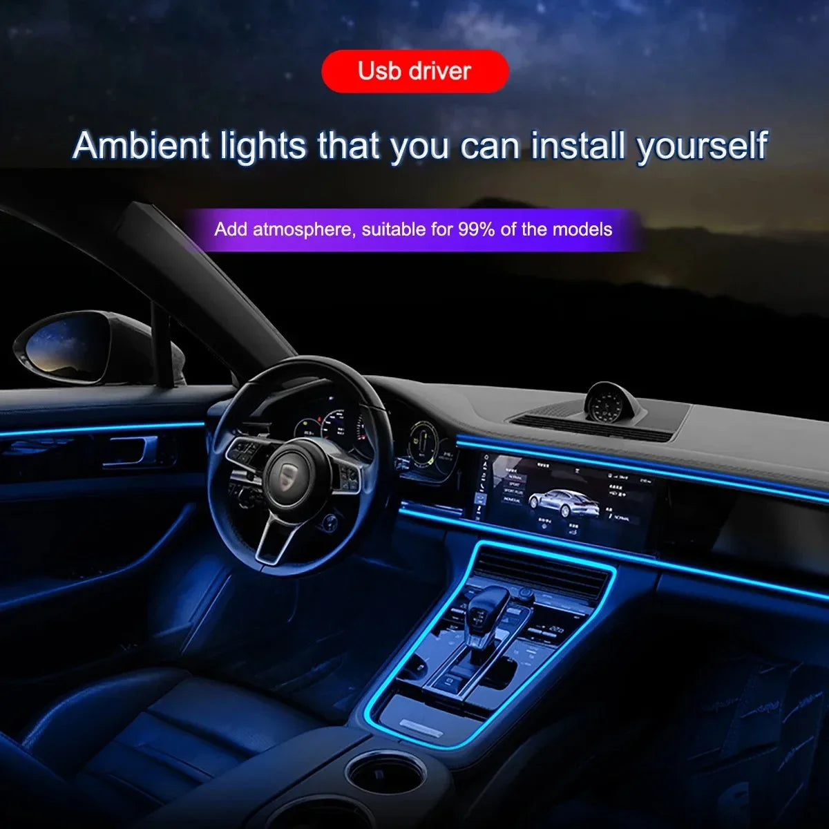 Interior view of a car dashboard showing an installed USB LED ambient light strip illuminating the cabin.