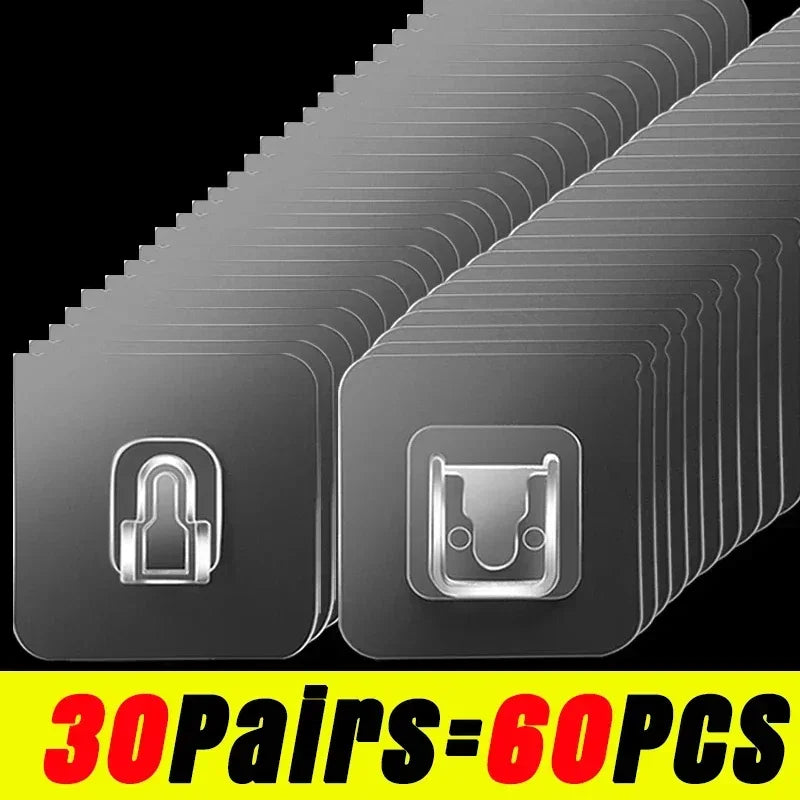 A set of 30 pairs of clear double-sided adhesive wall hooks packaged for sale.