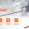 A close-up of a 3/8 inch by 85 foot winch rope with a forged hook, shown in an off-road snowy environment.