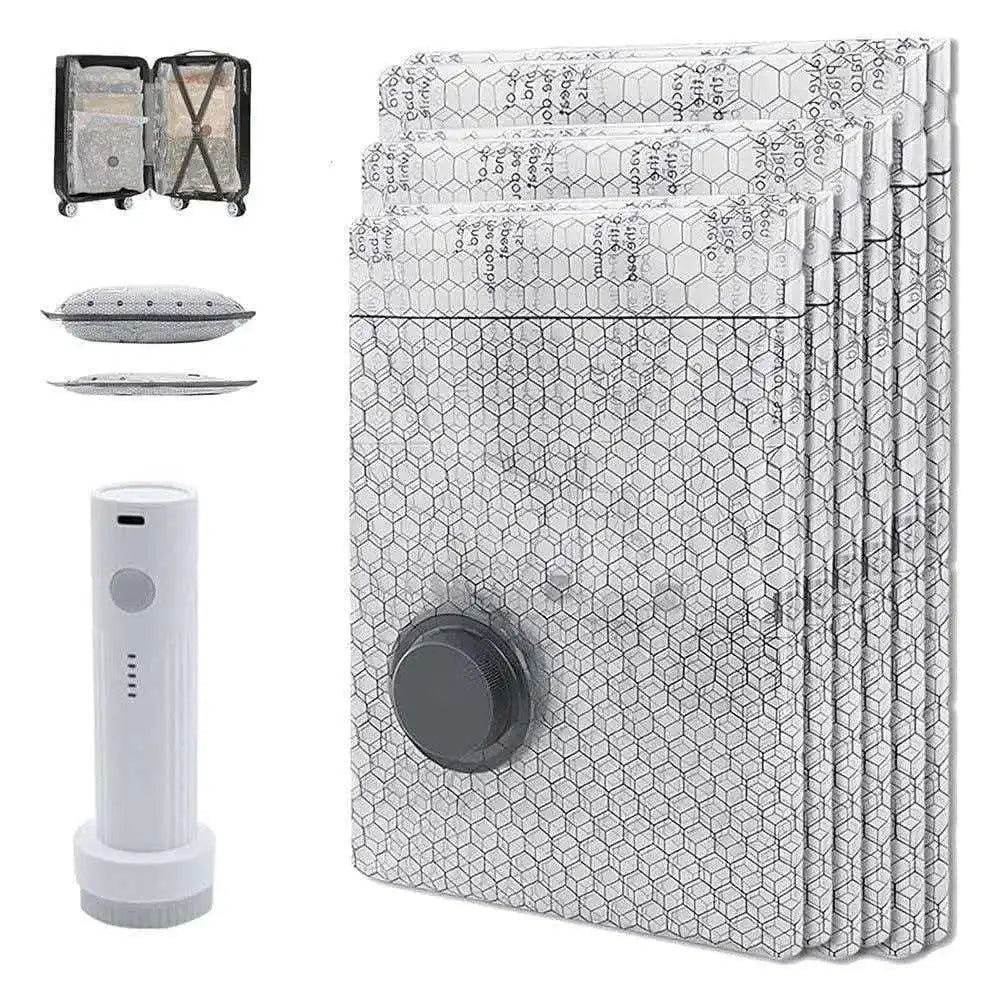 A set of storage containers and a vertical pump for a cordless vacuum, featuring a hexagonal mesh pattern on white and gray.