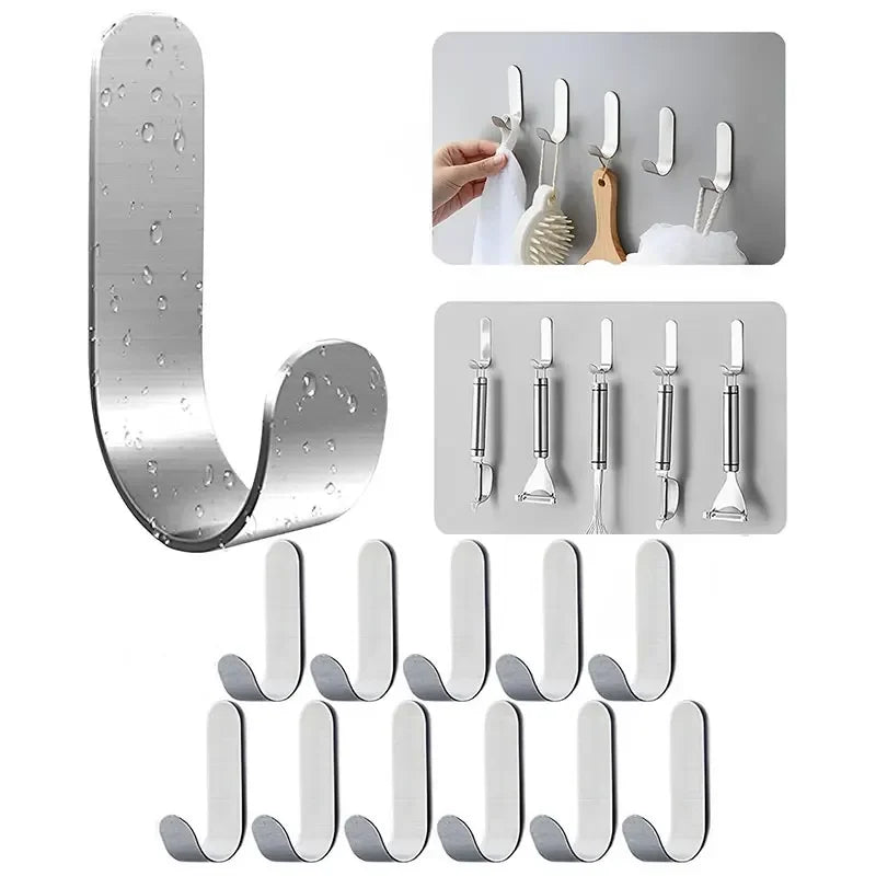 A set of heavy-duty stainless steel self-adhesive wall hooks in various sizes and angles.