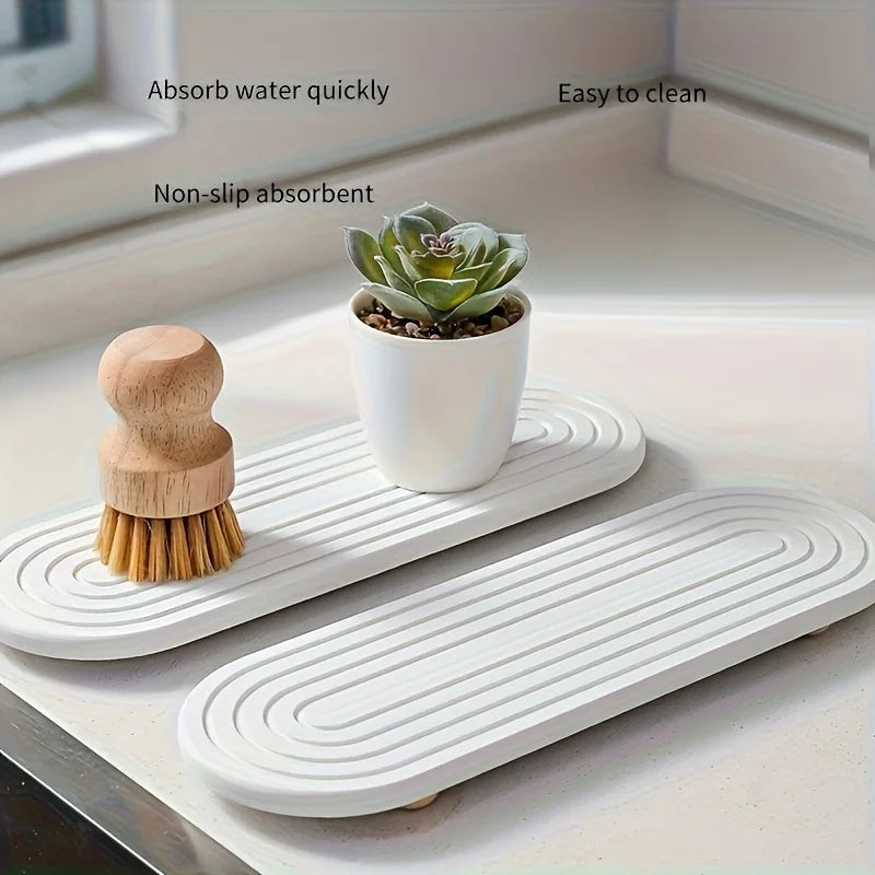 A white diatomite stone tray holds a succulent plant and a wooden brush on a countertop.