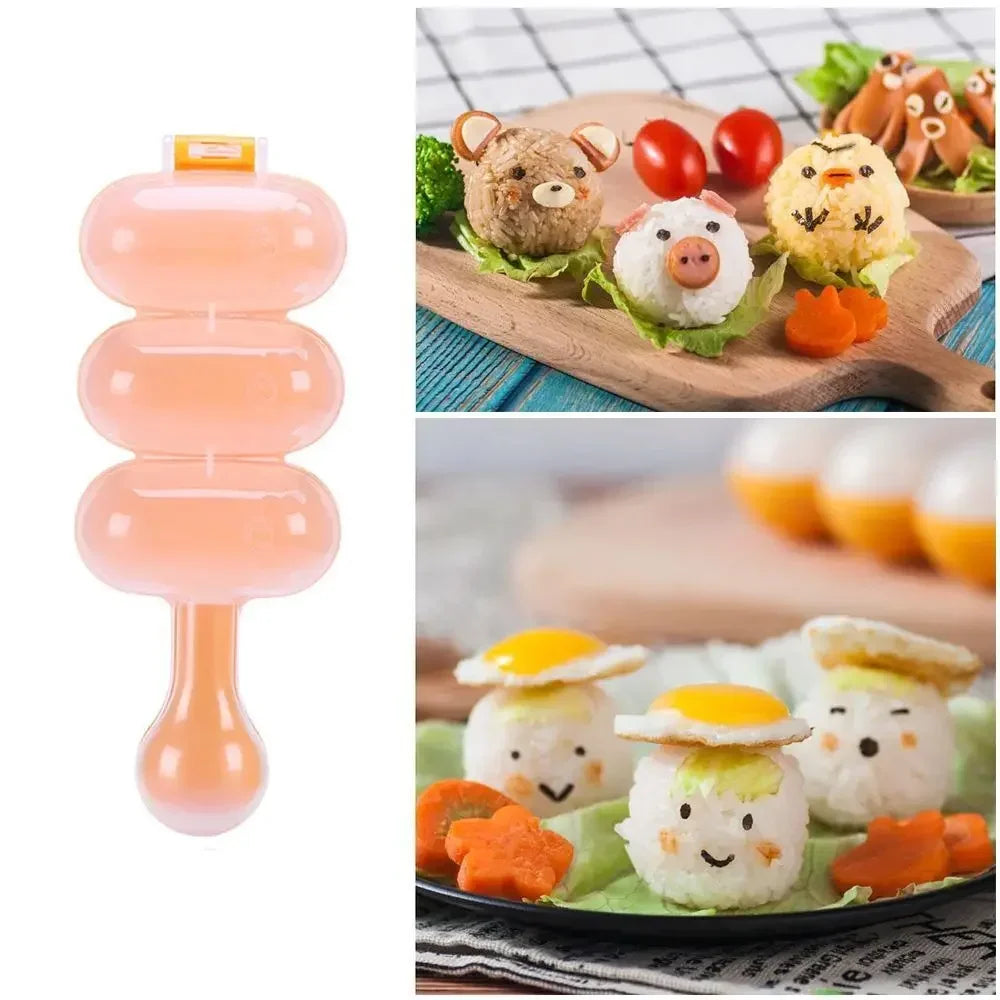 A set of pink rice ball moulds and a wooden paddle used for making DIY bento food