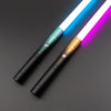 An RGB heavy dueling lightsaber with a metal hilt, showing blue and purple light beams.