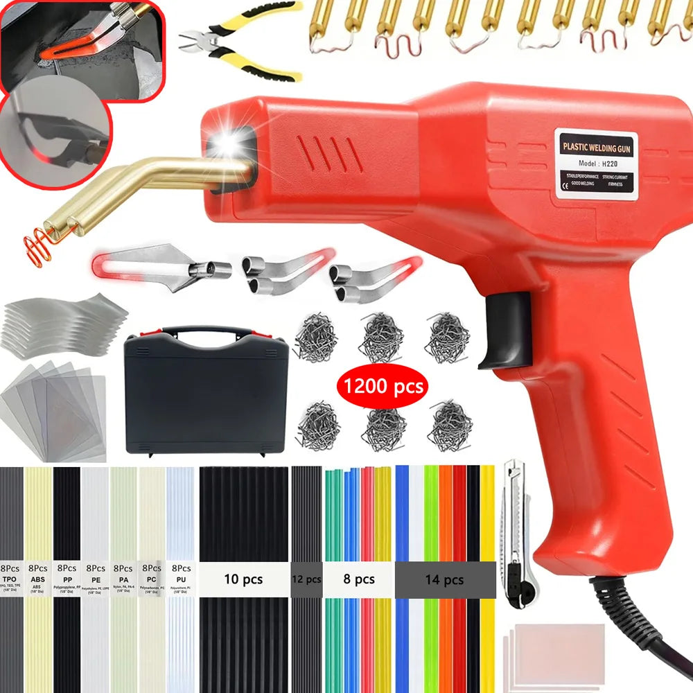 Red plastic welding gun and various plastic welding tips and accessories for a professional kit