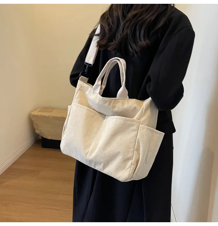 Multi-Pocket Corduroy Tote Bag – Large Capacity Casual Satchel for Travel, Work & Commute