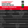 A technical specification table for the HABOTEST HT633 Wood Moisture Meter showing details like range, accuracy, and battery 