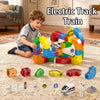 A set of electric track train building blocks and components including various colored track pieces, engines, and accessories