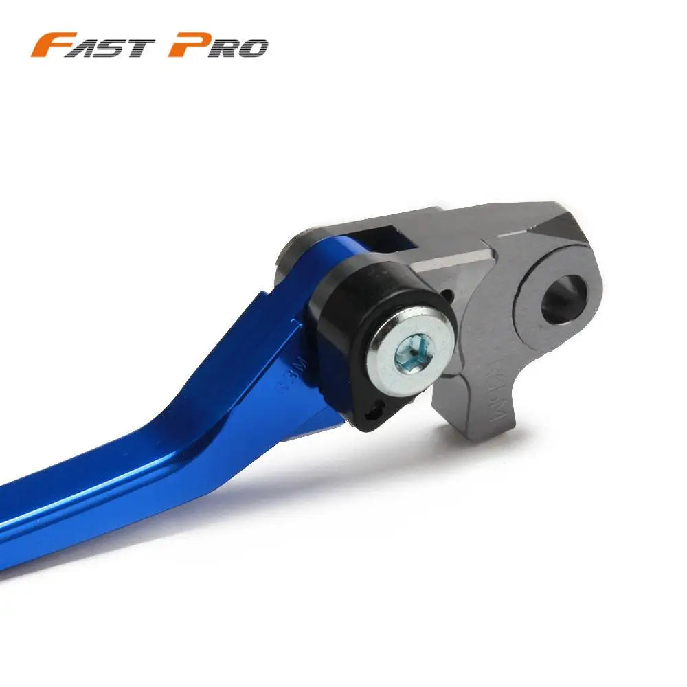 A close-up view of a blue and silver CNC aluminum brake and clutch lever set for Yamaha dirt bikes.