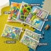 A set of eight transparent mesh zipper pouches containing building blocks, cards, and puzzles.